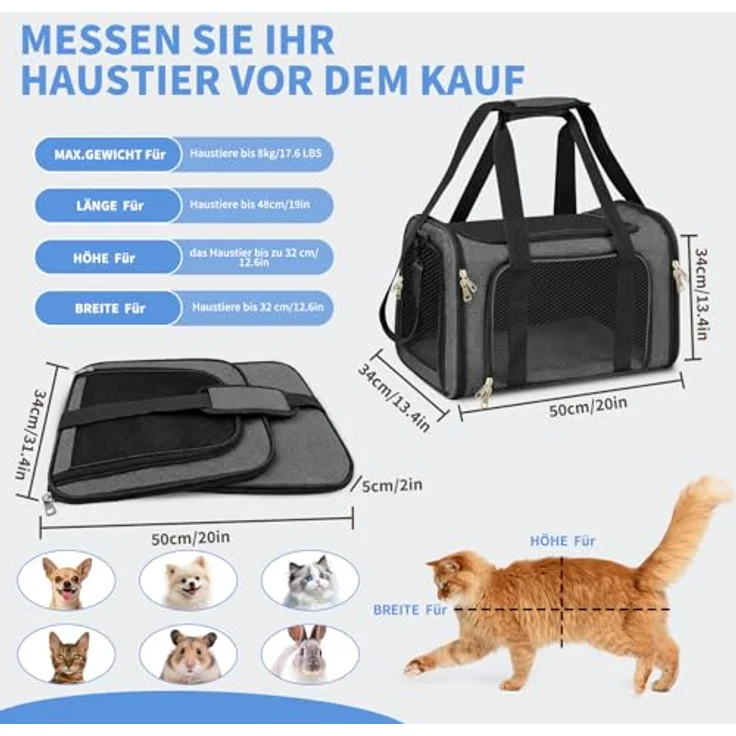 Aipwerer Faltbare Katzen Transportbox, Tragbare Transporttasche für Katzen bis 8 kg, atmungsaktiv und sicher, Schwarz – Bild 2