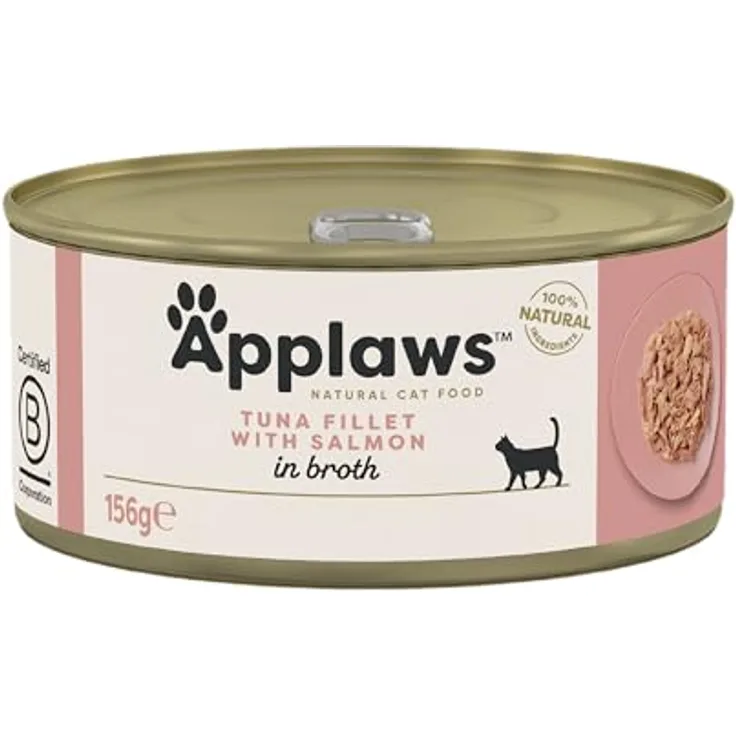 Applaws 100% Natural Premium Katzennassfutter Thunfischfilet mit Lachs in Brühe, Packung mit 24 x 156g Dosen, ohne Getreide, hoher Proteingehalt, natürliche Omega-3- und Omega-6-Quelle
