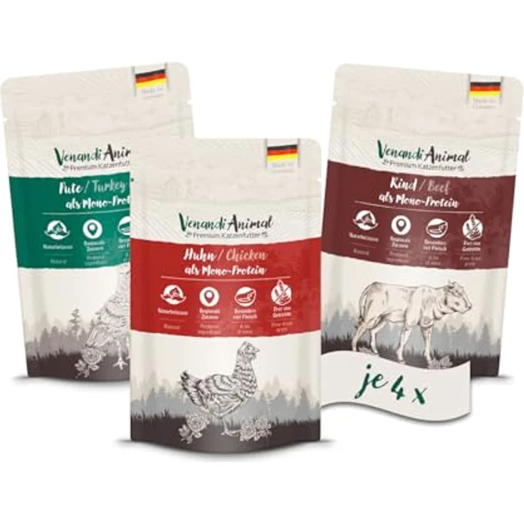 Venandi Animal Premium Nassfutter für Katzen, Probierpaket I, getreidefrei, Huhn, Pute, Rind, 12 x 125 g, naturbelassen, MADE IN GERMANY – Bild 1