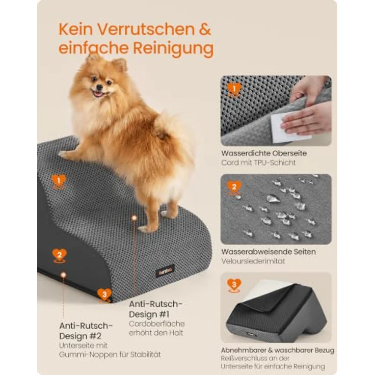 Feandrea Hundetreppe, 2 Stufen, Kurzplüsch, wasserdicht, rutschfest mit abnehmbarem Bezug, schiefergrau, PPS012GN01 – Bild 5