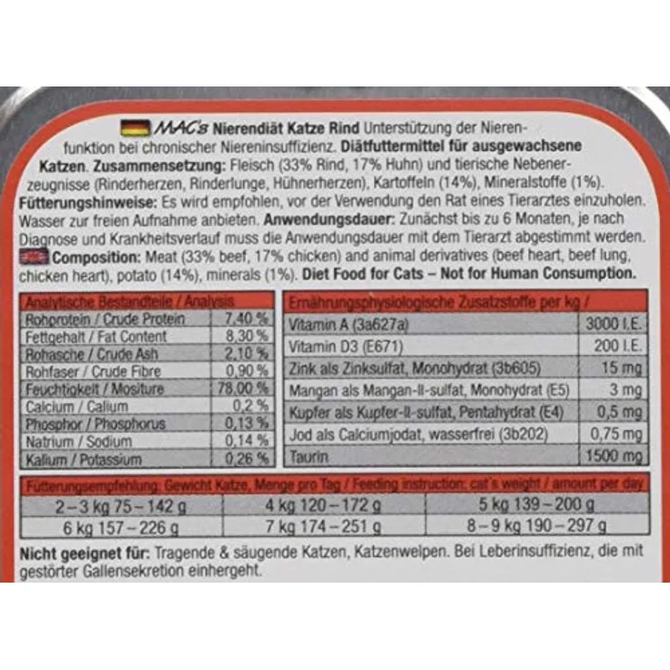 MAC's Vetcare Cat Vetcare Rind Nierendiät, Diätfuttermittel zur Unterstützung der Nierenfunktion, 16x100g – Bild 7