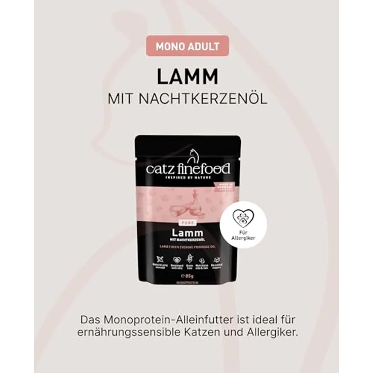 catz finefood Purrrr Lamm Monoprotein Katzenfutter nass N° 111, 70% Fleischanteil, für ernährungssensible Katzen, 16 x 85 g Beutel – Bild 5