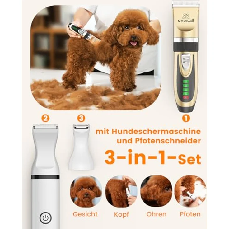 oneisall Hunde-Haarschneidemaschine 3-in-1-Set, geräuscharm und schnurlos, mit LCD-Display, inkl. Pfotentrimmer und 6 Führungsschienen – Bild 2
