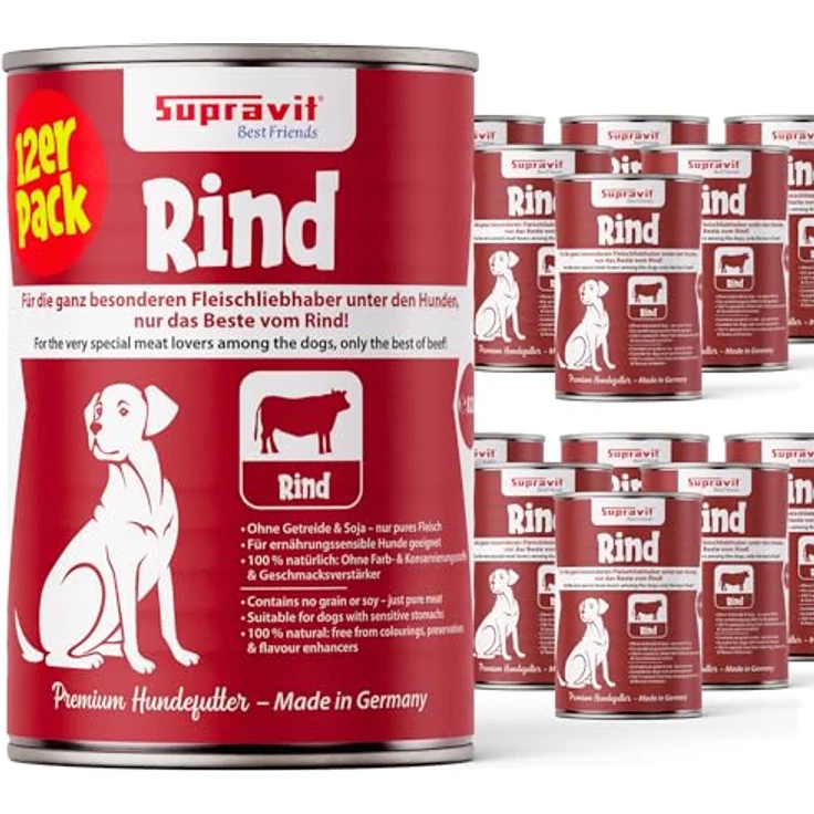 Supravit Nassfutter für Hunde, hoher Fleischanteil 100% Rindfleisch, getreidefrei, 12 x 410g Dosenfutter – Bild 1