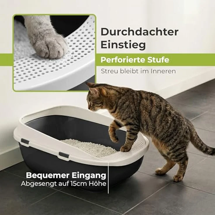 adena XXL Jumbo Katzentoilette Schale 65 cm, anthrazit, mit perforierter Einstiegsstufe und großer Streuschaufel – Bild 4