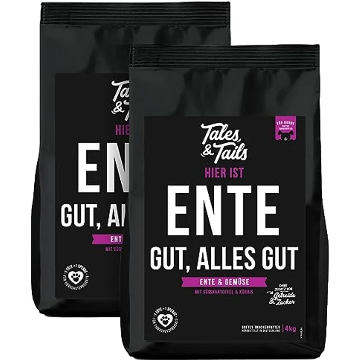 Tales & Tails Halbfeuchtes Trockenfutter für Hunde, Getreidefrei, 8 kg (2er Pack), Monoprotein Ente, Hohe Akzeptanz & Verträglichkeit – Bild 1