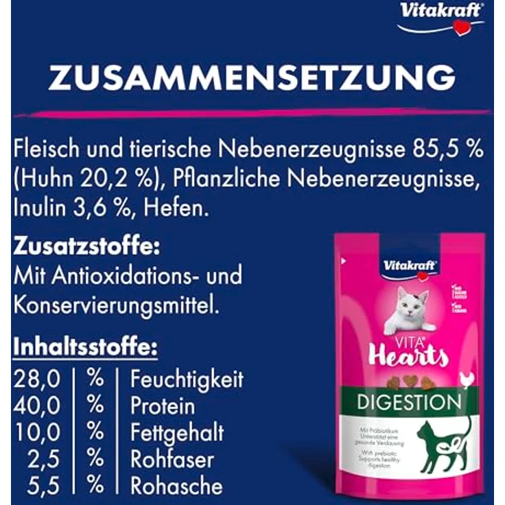 Vitakraft Vita Hearts Digestion Huhn, weiche Katzensnacks mit Präbiotikum, 40g – Bild 3