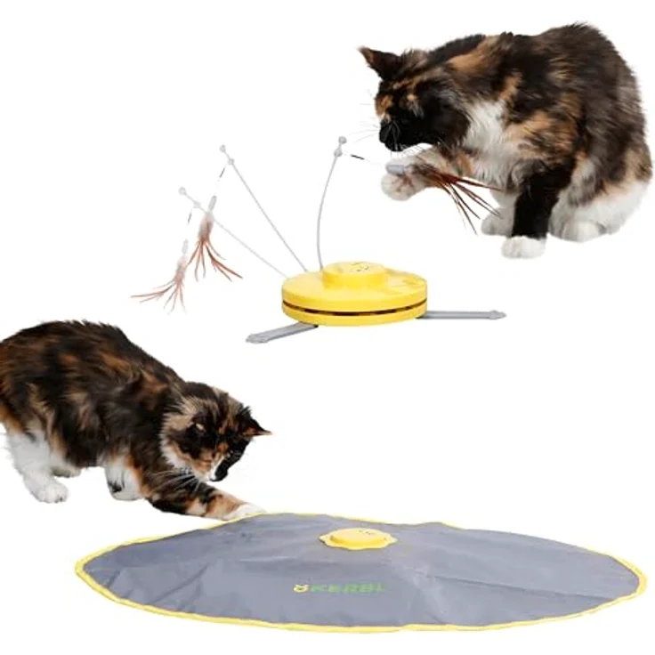 Kerbl Pet Catch the TailFeather 2-in-1, interaktives Katzenspielzeug mit 3 Modi für individuelles Spielvergnügen, strapazierfähiger Nylon-Raschelteppich – Bild 1