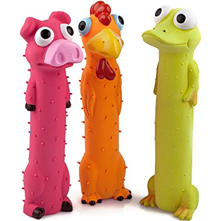 Chiwava 3 Stück Latex-Hundespielzeuge mit Quietscher, 9 Zoll, interaktive Kaugeräusche, sortierte Farben – Schwein, Huhn, Frosch – Bild 1