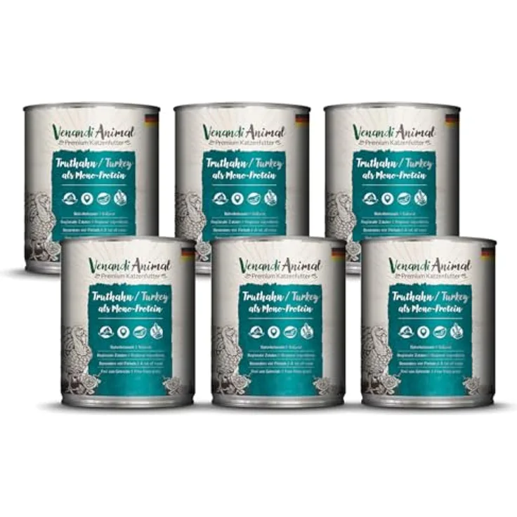 Venandi Animal Premium Nassfutter für Katzen, Truthahn Monoprotein, getreidefrei, 6er Pack (6 x 800 g)