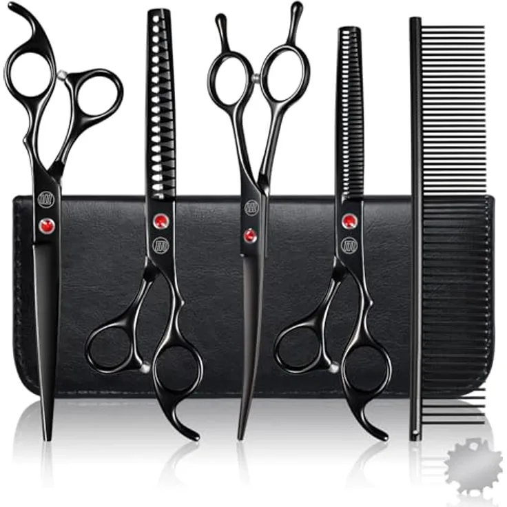 Moontay 7 Zoll Fellschere Set für Hundepflege, 8-in-1 mit gebogener, gerader, Chunker- und Ausdünnungsschere, ergonomische Griffe, Schwarz