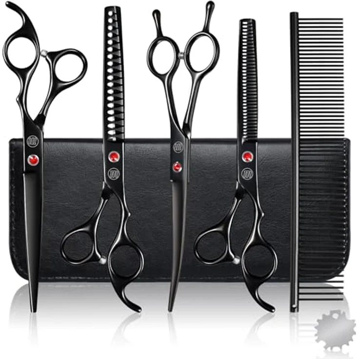 Moontay 7 Zoll Fellschere Set für Hundepflege, 8-in-1 mit gebogener, gerader, Chunker- und Ausdünnungsschere, ergonomische Griffe, Schwarz – Bild 1