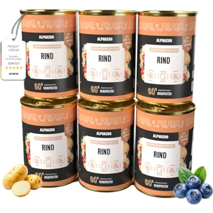 alphazoo Nassfutter Hund Monoprotein Rind 6x400g – getreidefreies Alleinfutter mit Kartoffel, Heidelbeere & Hagebutte, reich an Protein & Vitaminen, regional hergestellt