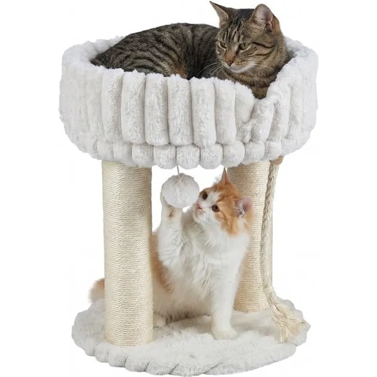 KOMFOTTEU Kratzbaum klein mit weicher Sitzfläche, 2 Sisalstämmen und Spielball, Beige/Grau/Weiß, 40 x 40 x 50,5 cm