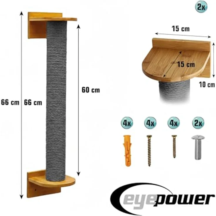 Eyepower Luna, 66 cm Wandkratzbaum für Katzen mit flexiblem Kratzstamm und stabile Wandmontage, Sisal umwickelt, aus echtem Bambus – Bild 8