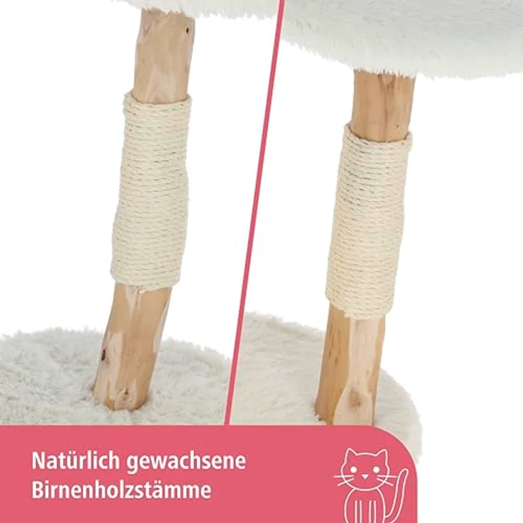 Kerbl Pet Kratzbaum Lucia, weiß, 90 cm, aus Birnenholz mit flauschigen Liegeflächen und Sisalstämmen, inkl. Spielball – Bild 2