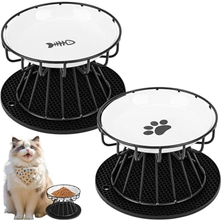 HAOYULUO Katzennapf Erhöht, 2 Stück Keramik mit Silikonunterlage und Metallständer, 15 cm Durchmesser, 10 cm Höhe, Zervixschutz, rutschfest, Schwarz