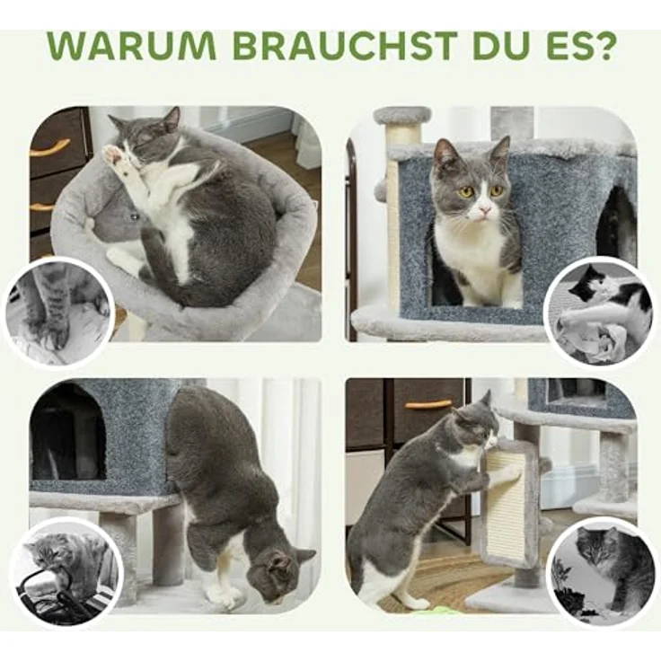 PawHut Kratzbaum 104 cm, mehrstöckiger Katzenbaum mit Katzenhöhle und Kratzbrett, hellgrau-cremeweiß – Bild 6