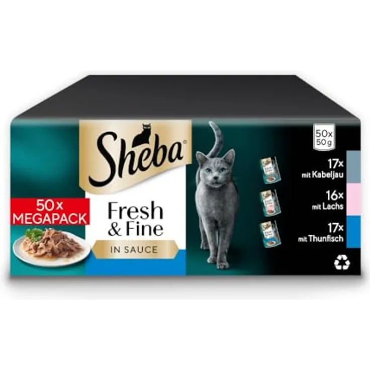 Sheba SHEBA CATCARE Pouch Wet Fresh & FINE (Fish) Chunks in Gravy, Katzen-Nassfutter für ausgewachsene Katzen, 50G Multipack, MSC-zertifiziert
