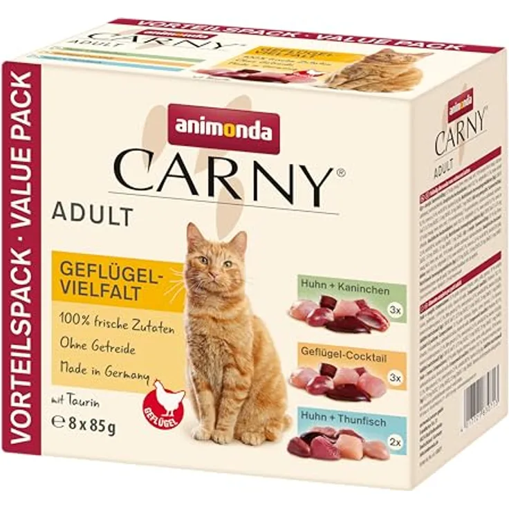 animonda Carny Katzenfutter nass Geflügel-Mix, 8 Portionsbeutel (8 x 85g), getreidefreies Nassfutter ohne Zucker für ausgewachsene Katzen mit frischen fleischlichen Zutaten