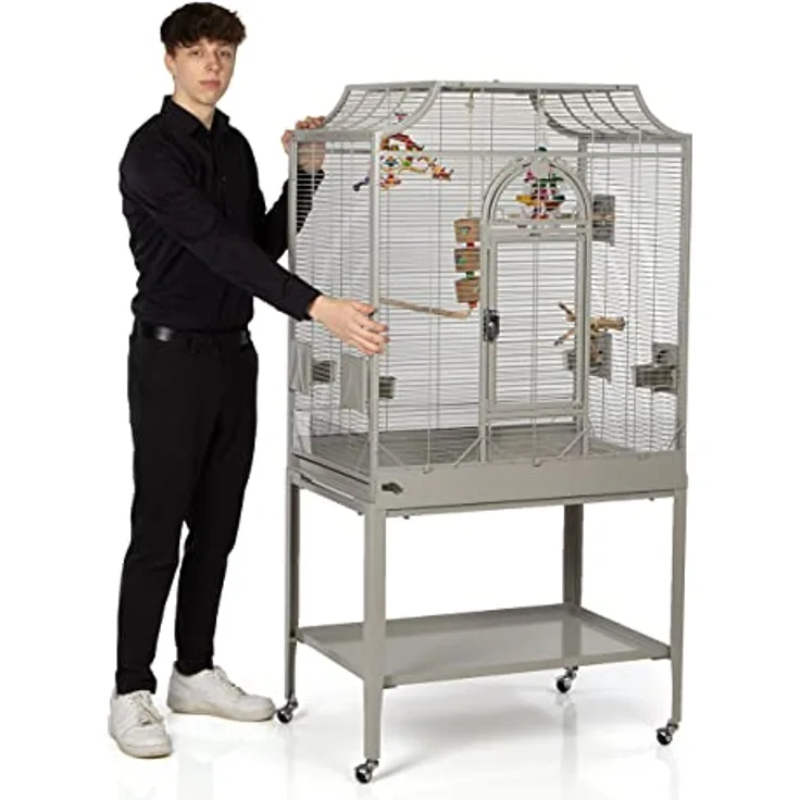 Montana Cages Madeira II, Premium Vogelkäfig für Sittiche, inkl. Anflugklappe, Freisitz, 4 Edelstahlnäpfe, AVILON Pulverbeschichtet, ca. 82 x 54 x 153 cm, Farbe Platinum