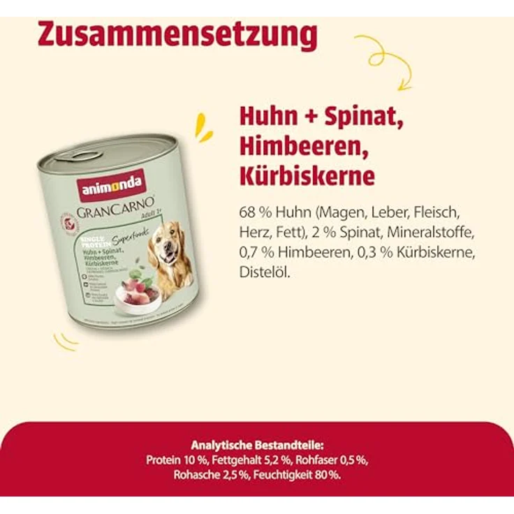 animonda GranCarno superfoods Huhn + Spinat + Himbeer + Kürbiskern, Hunde-Nassfutter, 6x800g, hochwertige und ausgewogene Rezeptur, hergestellt in Deutschland – Bild 6