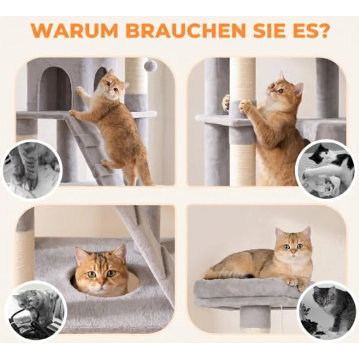 PawHut Kratzbaum 204 cm, mehrstöckig mit 2 Höhlen, Leiter, stabil, hellgrau – Bild 7