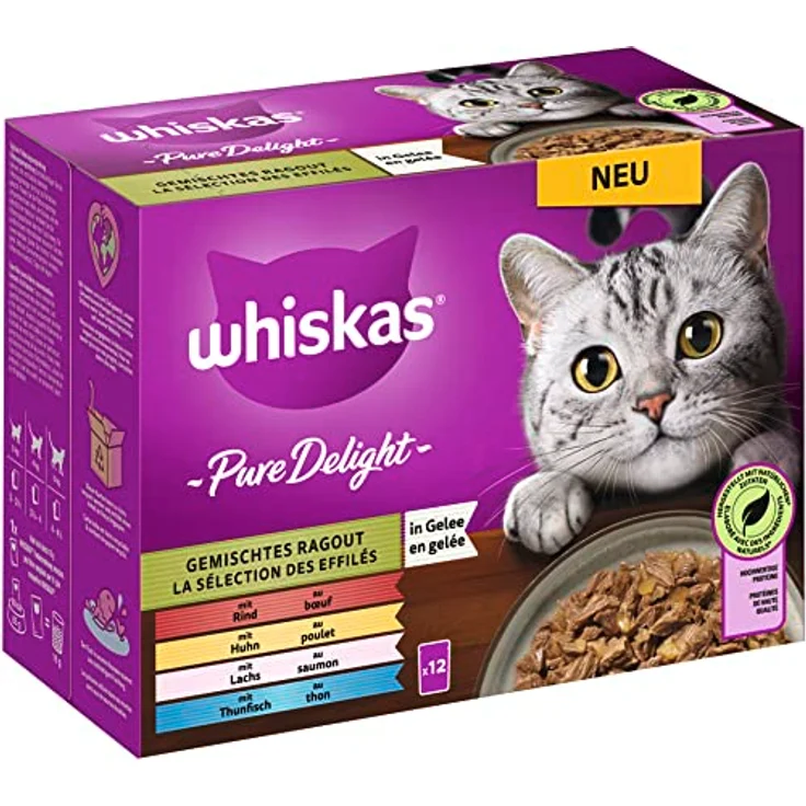Whiskas 1+ Katzenfutter Pure Delight, Nassfutter in Gelee, gemischte Auswahl, 12x85g Portionsbeutel – Bild 1
