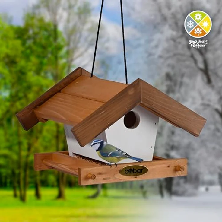 dobar® Green Label Vogelhaus Goldener Oktober, 2er-Set Futterstationen für Wildvögel, 22,5 x 21 x 16 cm, braun/weiß, mit 1 Liter Futtersilo und Aufhängung – Bild 4