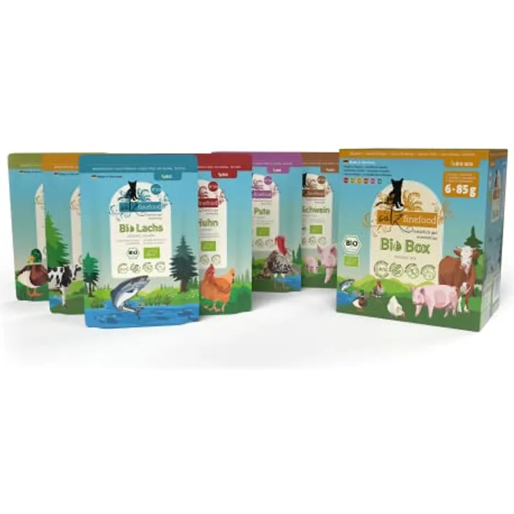 catz finefood Bio Katzenfutter MIX Paket, 6 x 85 g Nassfutter ohne Getreide & Zucker, 94% Fleischanteil, 6 Sorten (Lachs, Pute, Schwein, Rind, Ente, Huhn)