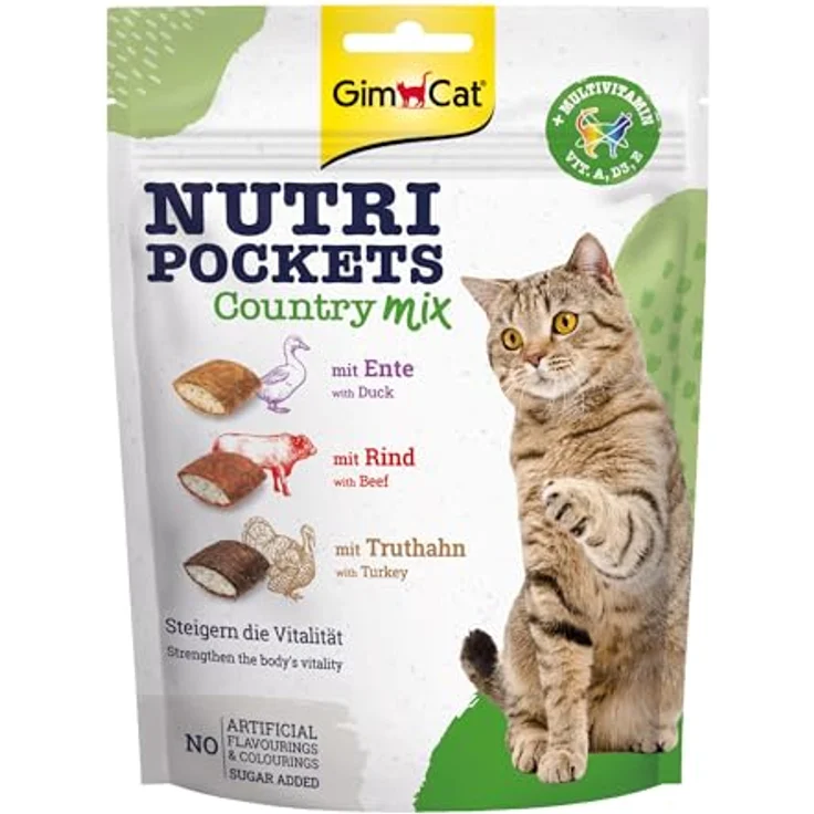GimCat Nutri Pockets Country Mix, Knuspriger Katzensnack mit cremiger Füllung, Ente, Rind und Truthahn, 150 g – Bild 1