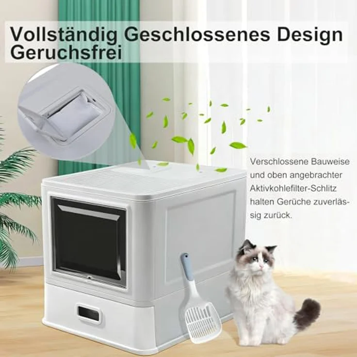Marchul Katzentoilette, Geschlossene Katzentoilette aus Edelstahl mit Deckel und Schublade, XL für Wohnungskatzen, geruchsfrei mit Lamellen gegen Auslaufen, inkl. Schaufel und Matte – Bild 3
