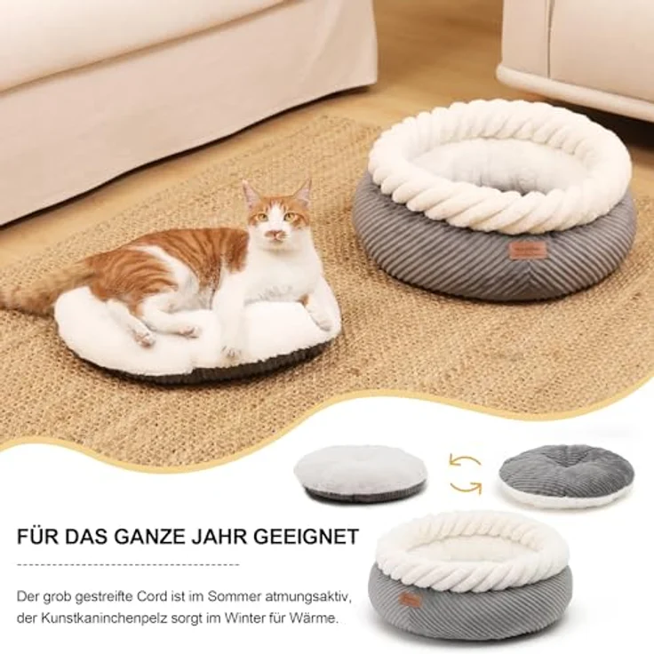 FUKUMARU Katzenbett, waschbar, 55x55x21cm, runder Katzenkorb mit erhöhtem Rand, weiches Cord, rutschfeste Unterseite, grau – Bild 5