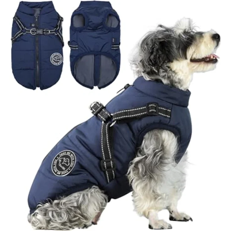 Savlot Hundejacke Wintermantel, wasserdicht mit Reißverschluss und Brustgurt, Dunkelblau, Größe M – Bild 1