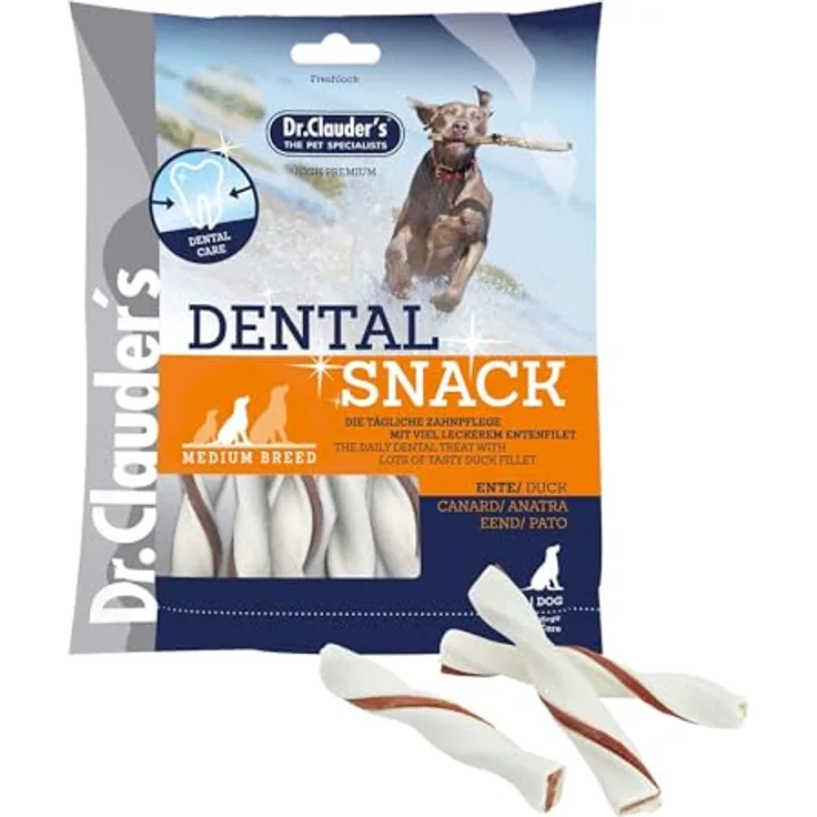 Dr.Clauder's Dental Snack Medium Breed, Bissfeste Kaustange aus 100% Fleisch für kleine bis mittelgroße Hunde, Zuckerfrei, 170g Ente