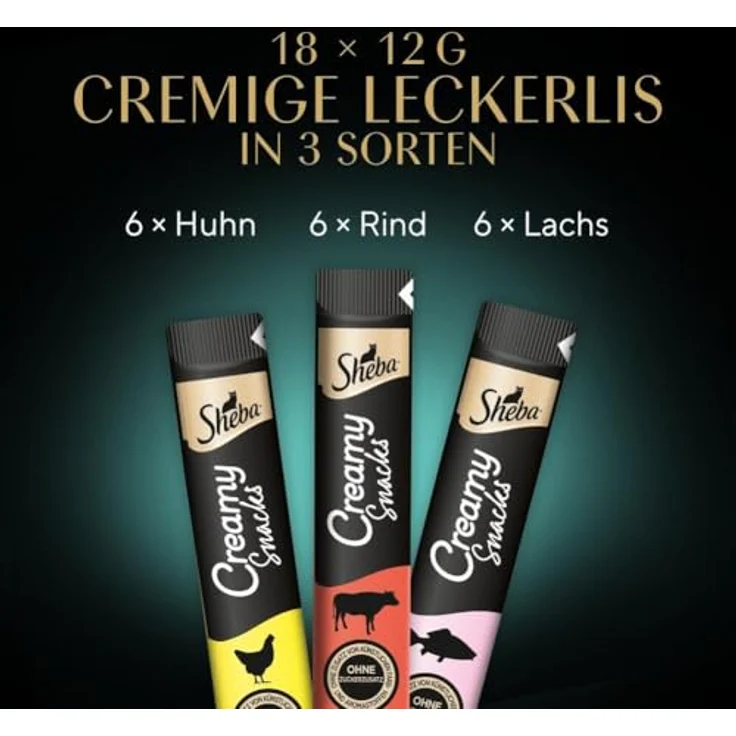 Sheba Creamy Snacks Multipack, Katzenfutter mit 3 Sorten (Huhn, Lachs, Rind), 18x12g – Bild 7
