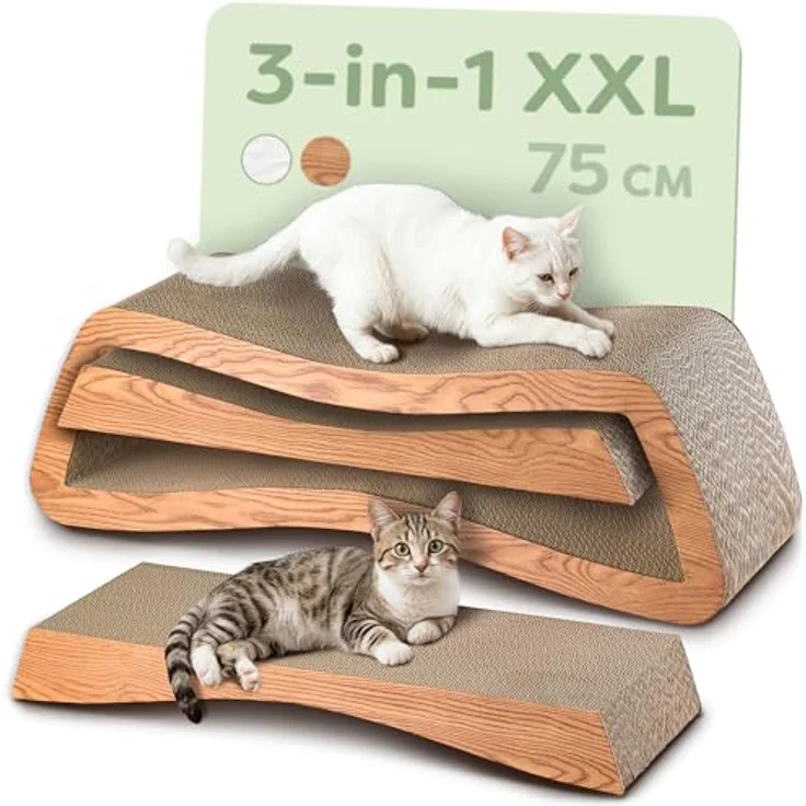 Knupis Kratzbrett Katze XXL Mountain Braun, 75 cm, 3-in-1 Kratzmöbel aus hochdichter Wellpappe, platzsparend und sofort einsatzbereit – Bild 1