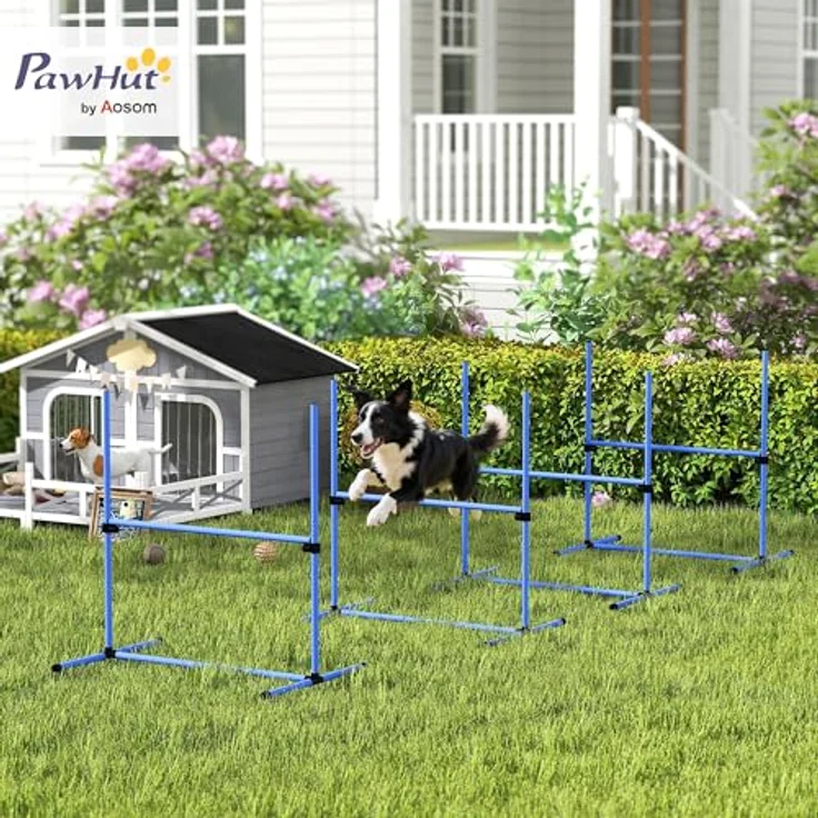 PawHut Agility Hürdenset, Slalom Stangen Hunde Training Set mit 4 Hürden, Kunststoff, Blau, 95x65x95cm, höhenverstellbar, inkl. Tragetasche – Bild 2