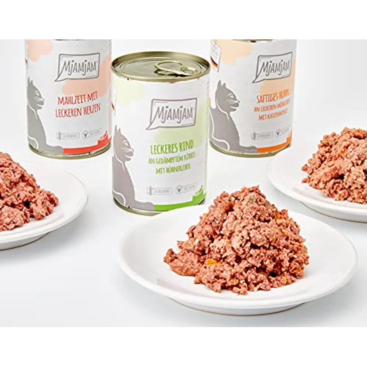 MjAMjAM Premium Nassfutter für Katzen Mixpaket I, Huhn, Rind, Herzen, getreidefrei, 6er Pack (6 x 400 g), mit extra viel Fleisch – Bild 2