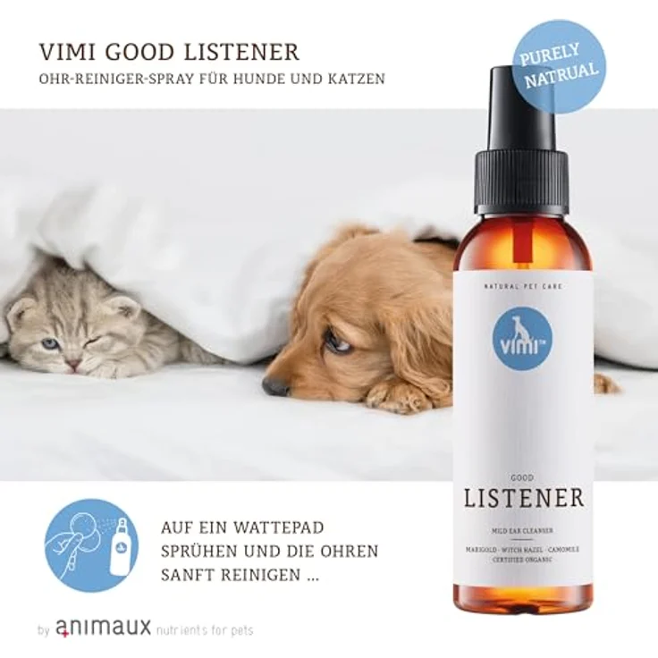 animaux Ohrenreiniger für Hunde & Katzen, milde Reinigung mit Kamille, Ringelblume & Zaubernuss, 100 ml, für empfindliche Ohren – Bild 2