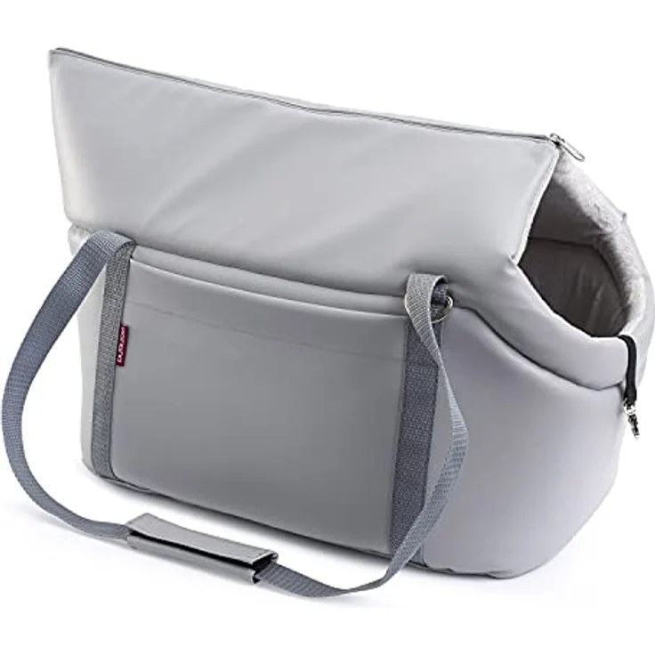 BOUTIQUE ZOO Transporttasche für Hunde und Katzen, Schultertasche bis 15 kg, Grau, Kunstleder, Größe L, mit Gummiband und Karabiner – Bild 4