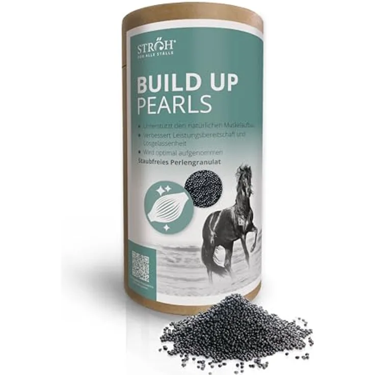 STRÖH Build Up Pearls, Pferdefutter für Muskelaufbau & Kondition, Aminosäuren-Komplex mit Vitaminen, 1,4 kg Feedbox Dose