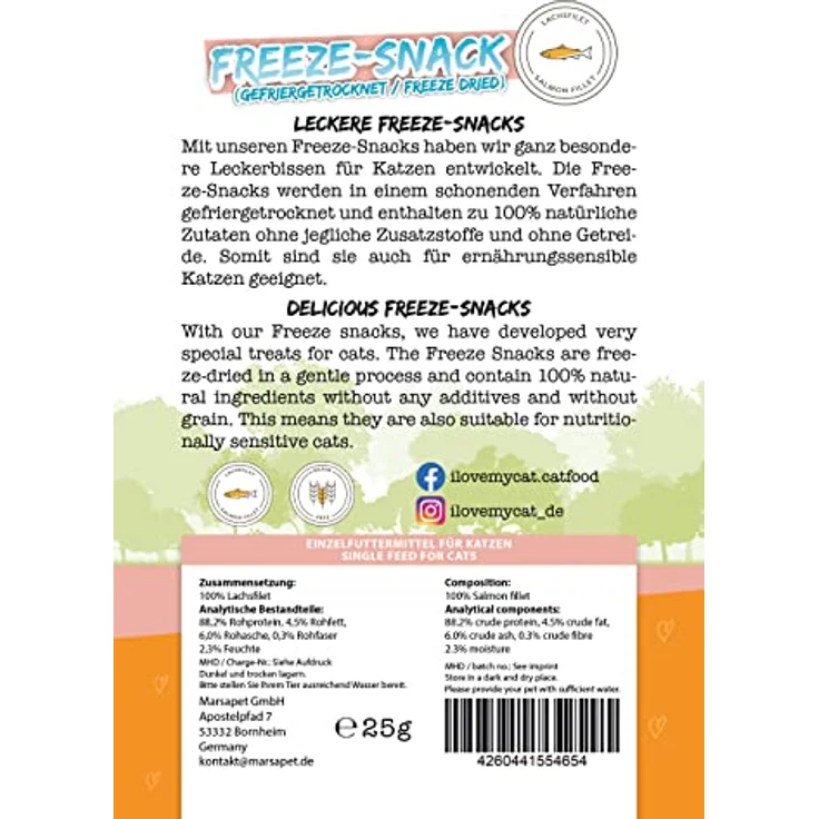 I Love My Cat Freeze-Snack für Katzen, gefriergetrocknetes Lachsfilet 25 g, natürliche Snacks ohne künstliche Zusatzstoffe – Bild 3