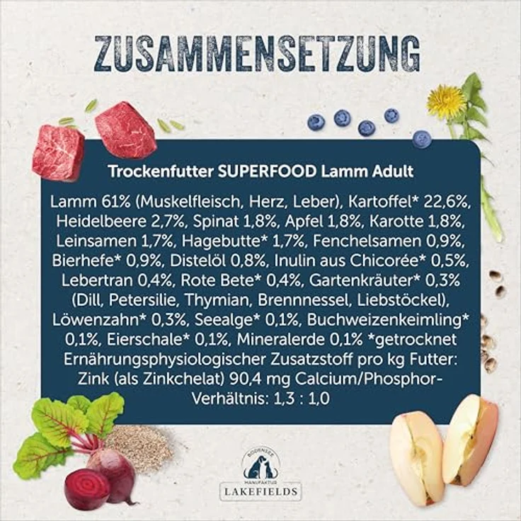 Lakefields SUPERFOOD, Premium Hundefutter trocken, 61% Lamm, 1kg, getreidefrei, mit Leinsamen, Heidelbeeren & Roter Beete, von Tierärzten entwickelt – Bild 4