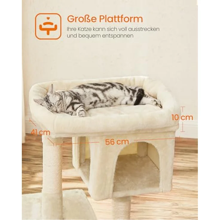 Feandrea Kratzbaum PCT61M, 84 cm Katzenbaum für große Katzen bis 7 kg, große Plattform, 2 Katzenhöhlen, Sisalstämme, beige – Bild 3