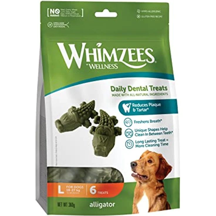 WHIMZEES Krokodil L, 6 Stück – Zahnpflege für große Hunde, hypoallergen und vegetarisch – Bild 1