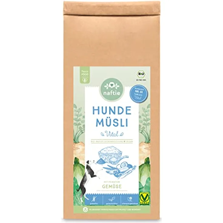 naftie Bio Hundeflocken Hundemüsli Vital mit Gemüse, glutenfreier Flocken-Mix mit Hirse-, Kokos- und Karottenflocken, vegan, 1kg