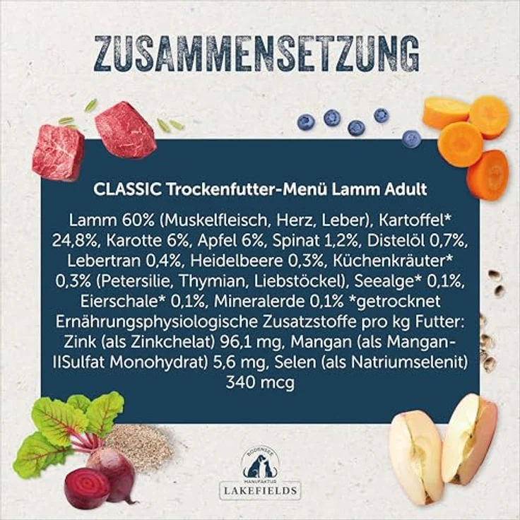 Lakefields Classic Hundefutter trocken, Lamm 60%, getreidefreies Trockenfutter mit Kartoffeln, Blattspinat und Kräutern, 1 kg, schonend gebacken – Bild 4