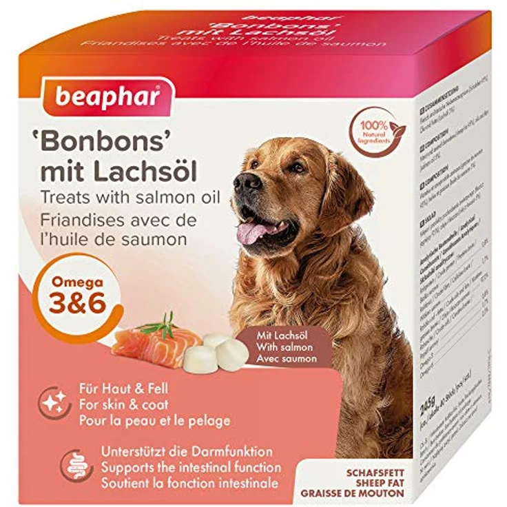 beaphar 'Bonbons' mit Lachsöl, getreidefreier Hundesnack, Sparpaket 2 x 245 g, reich an Omega 3, 6 und 9, weich und leicht teilbar – Bild 1
