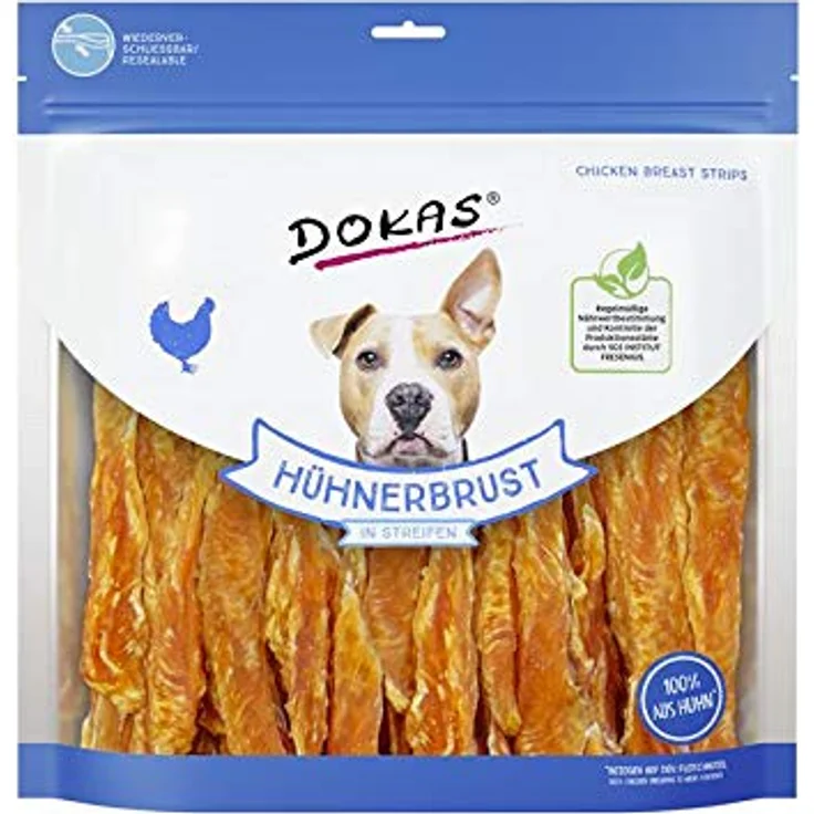 Dokas Hühnerbrust in Streifen, Hunde-Trockenfutter mit 93% Hühnerbrustfilet, 4 x 900 g Packungen